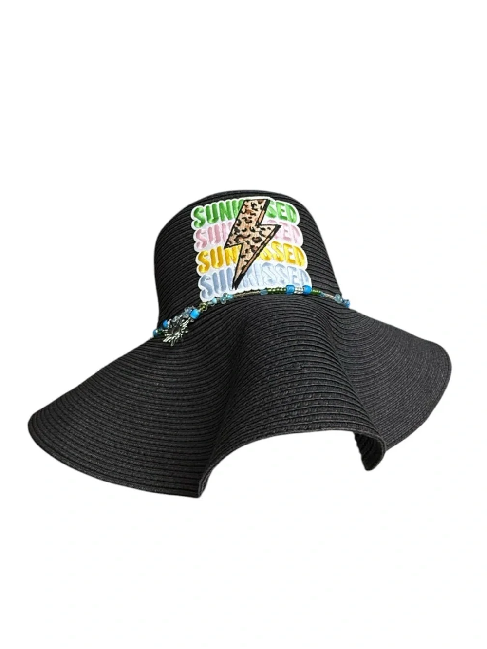 Boho Beachy "Sunkissed" Black Straw Sun Hat with Leopard Lightning Bolt - Picture 2 of 4